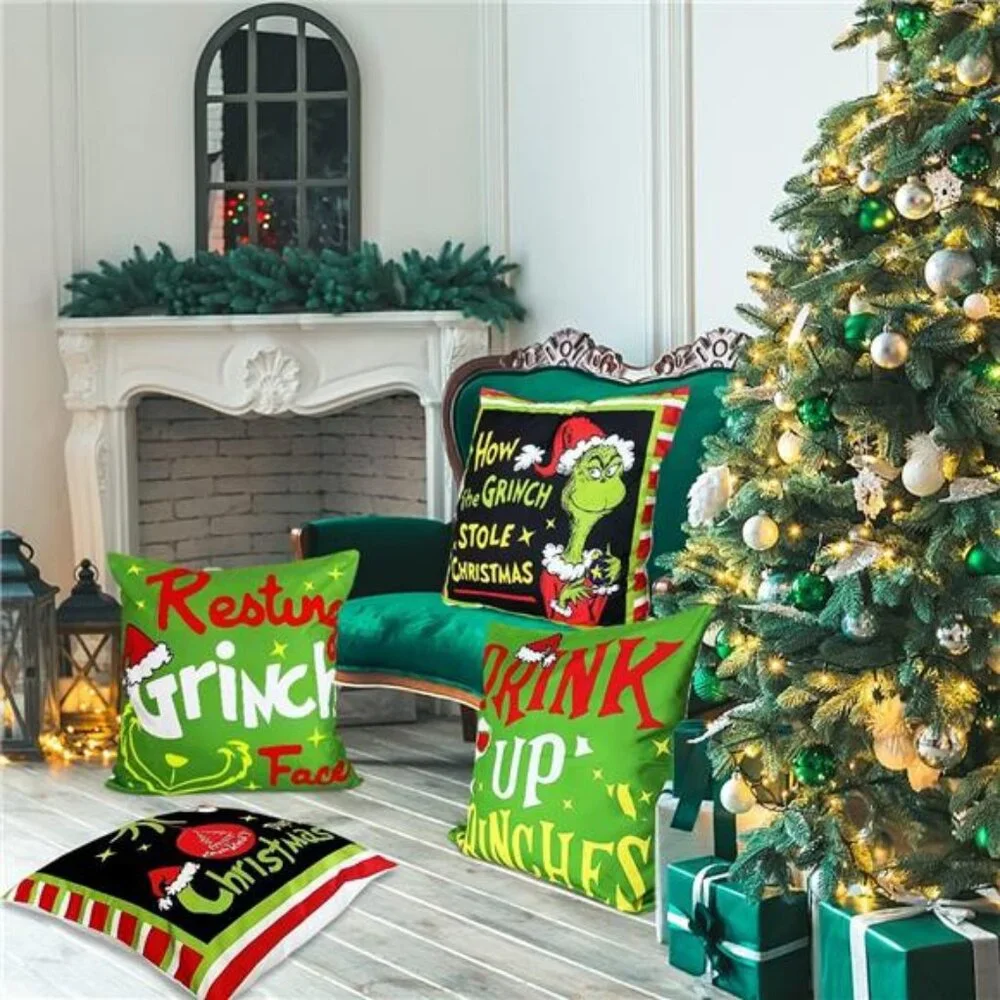Set of 4 Merry Christmas Throw Pillow Covers, 20x20, Black & Green Holiday Decor